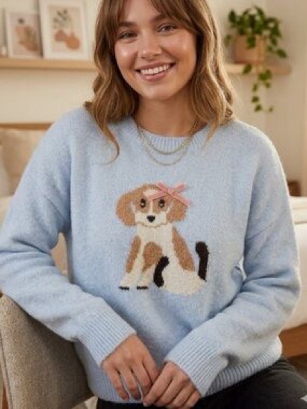 Luna Ivy Cozy Light Blue Dog Beagle Knit Sweater size large